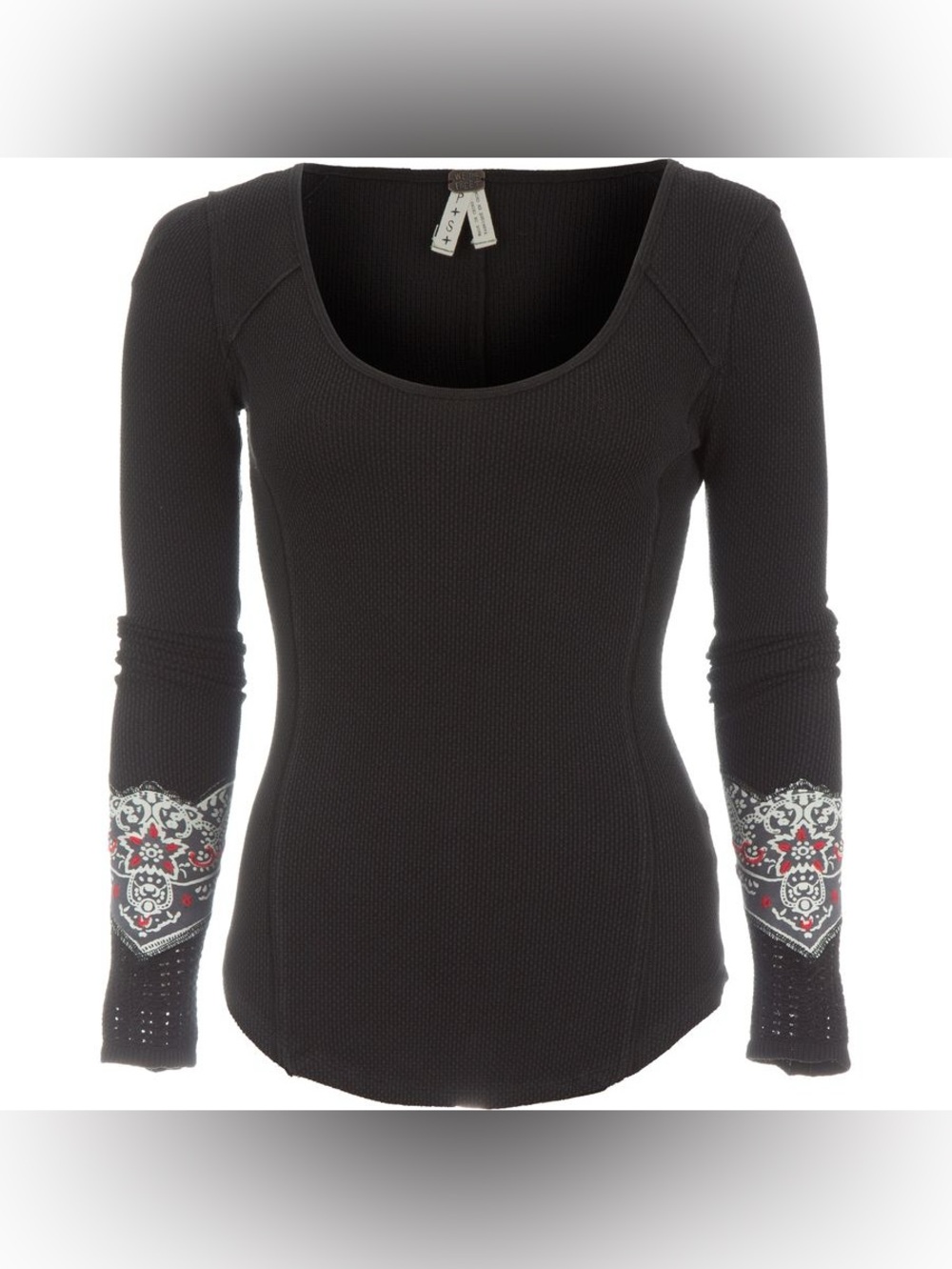 We The Free Black Scoop Neck Thermal Top with Embroidered Cuffs